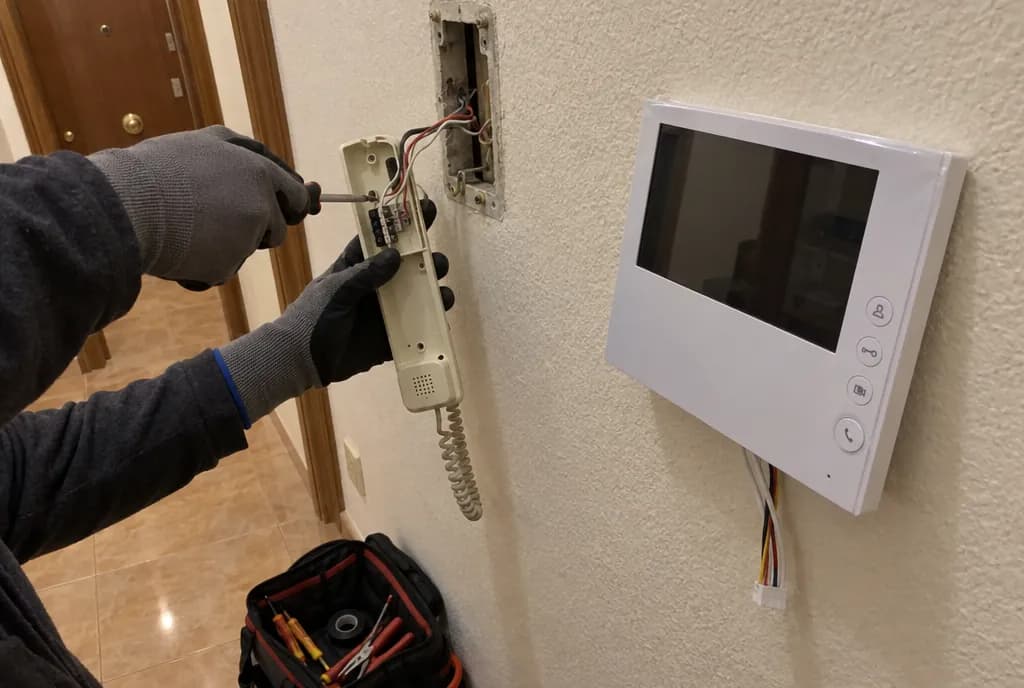 Telefonillo antiguo de pared desmontado junto a un monitor de videoportero nuevo en la entrada de una vivienda