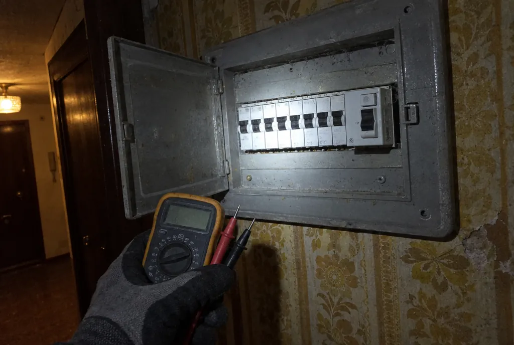 Cuadro eléctrico de una vivienda abierto con un automático bajado y una linterna iluminando las protecciones