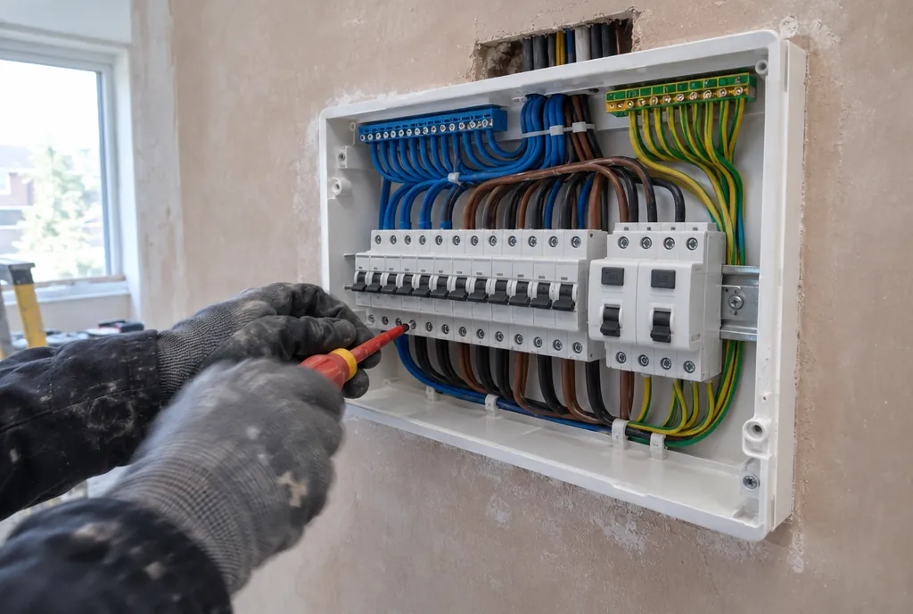 Cuadro eléctrico nuevo de vivienda con interruptor general, diferenciales y automáticos montados en carril