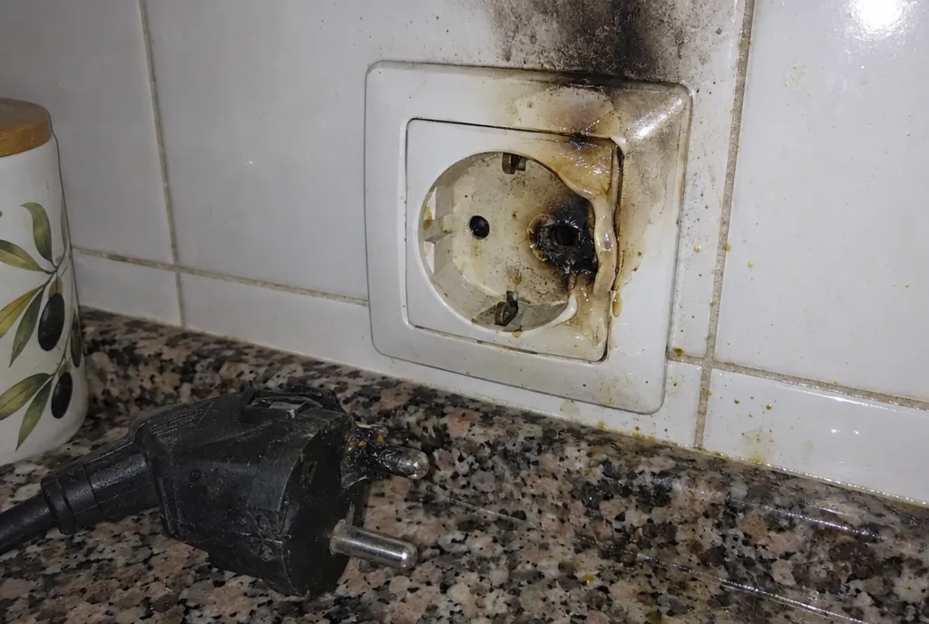 Enchufe de pared de una cocina con la tapa ennegrecida y marcas de calor alrededor de los orificios