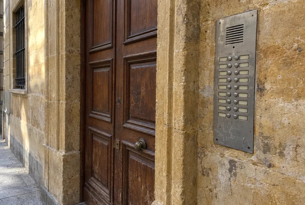 Placa de calle de un portero automático en el portal de piedra de un edificio de viviendas